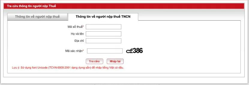 Tab Thông tin về người nộp thuế TNCN trên cổng tracuunnt.gdt.gov.vn với ô Mã số thuế và Mã xác nhận